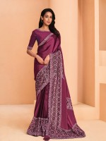 Plum Purple Satin Crepe Silk Festive Wear Saree